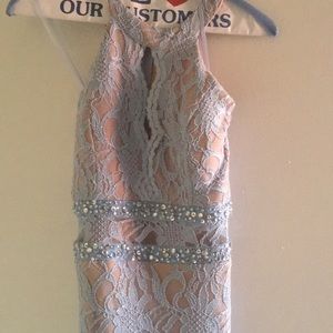 Light blue lace prom dress